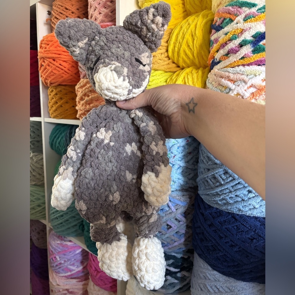 handmade Crochet gray wolf knotted lovey
